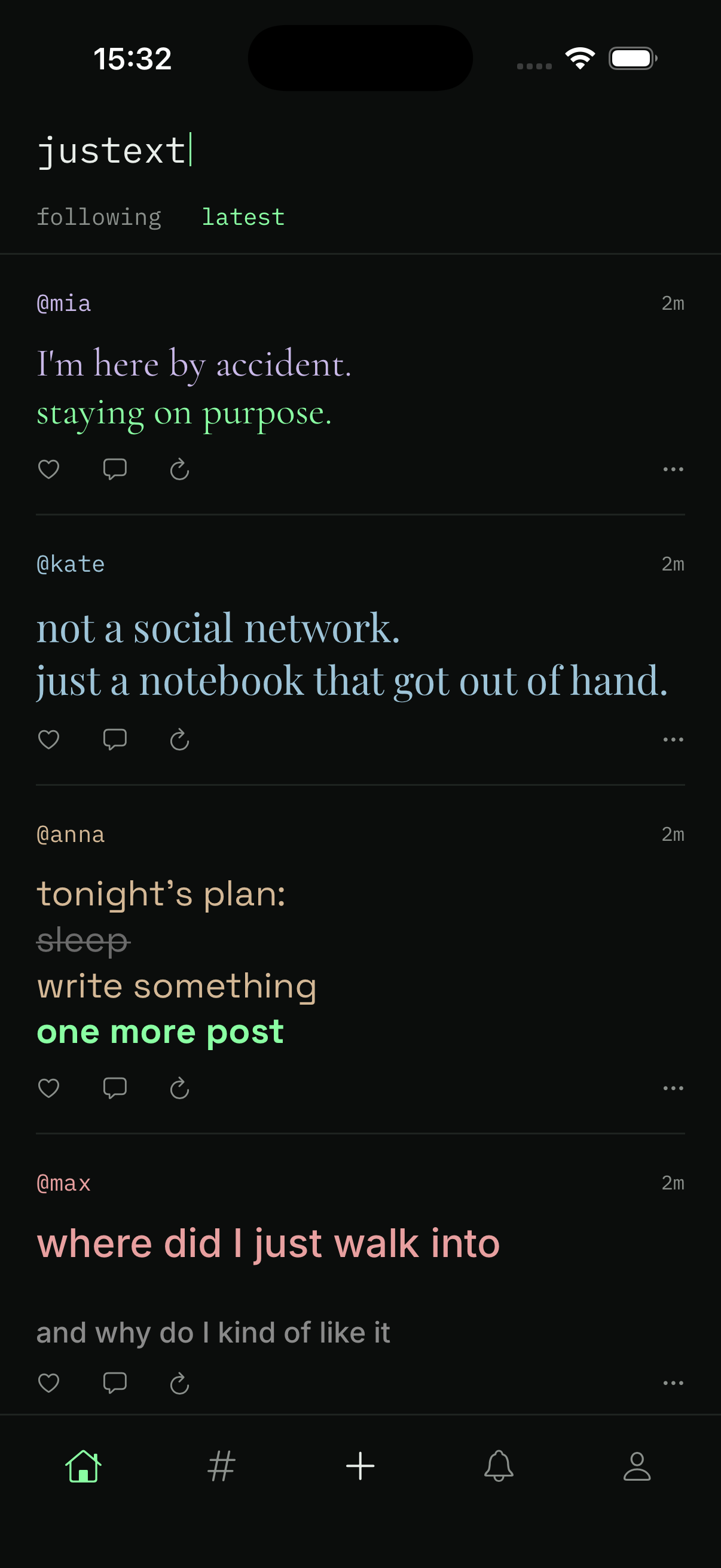 justext app on iPhone 17 — a dark feed of styled text posts